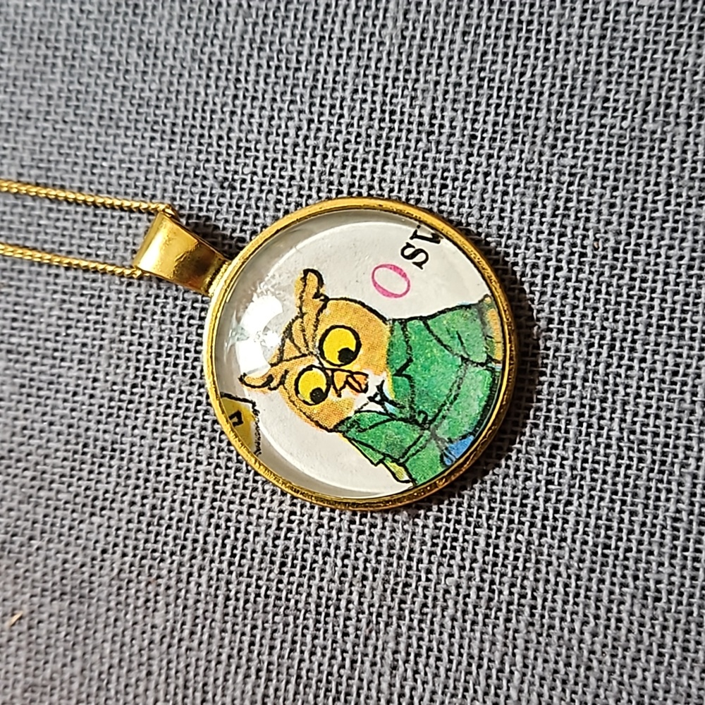 1970s Owl Children's book page necklace Richard Scarry gold tone ooak handmade